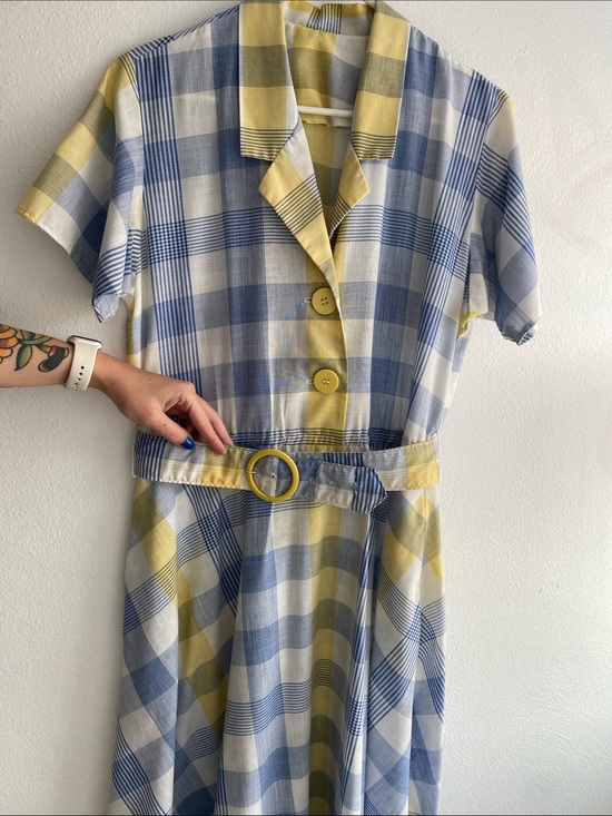 Vintage Dresses & Skirts - 50s Vintage Blue and Yellow Plaid Button-Front Dress